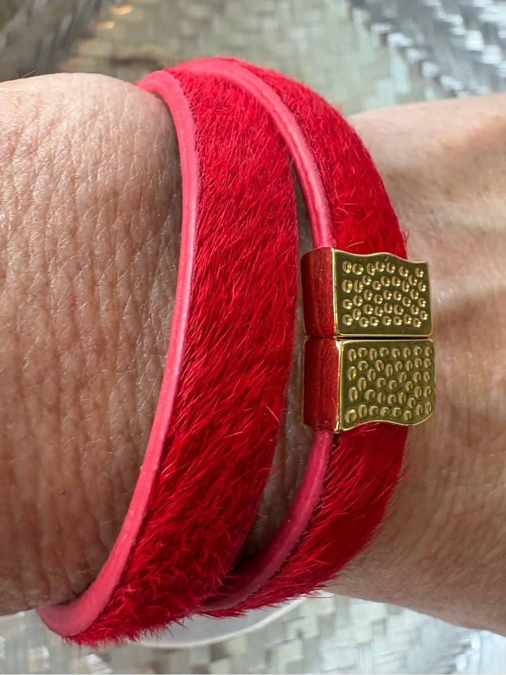 EUC Rustic Cuff Red Hair On Hide Leather Wrap Bracelet Gold Magnetic Clasp Luxe